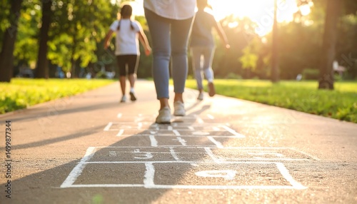 Fototapeta Naklejka Na Ścianę i Meble -  Family hopscotch park sunset fun.