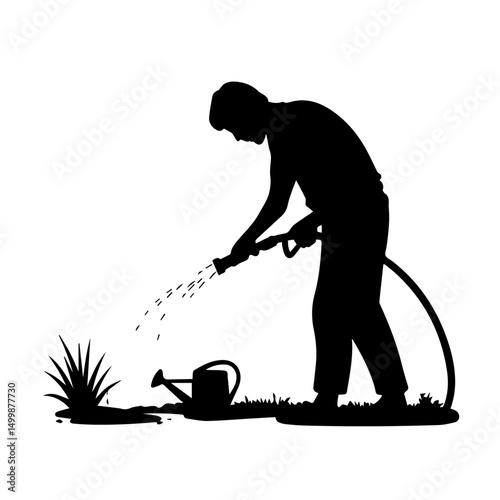 Silhouette of a man watering plants with a hose, standing in a garden beside a watering can, isolated on a white background, symbolizing gardening and outdoor care.