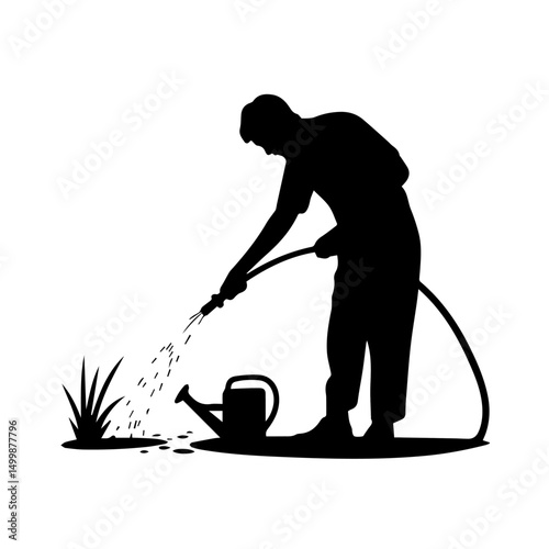 Silhouette of a man watering plants with a hose, standing in a garden beside a watering can, isolated on a white background, symbolizing gardening and outdoor care.