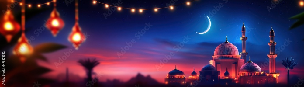 Obraz premium A mosque at sunset with glowing lanterns, a crescent moon, and festive lights in a serene evening sky.