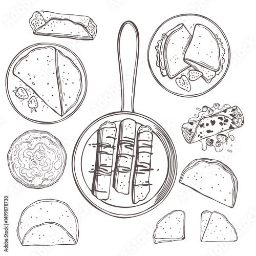 Hand-drawn crepes, thin pancakes. Vector sketch  illustration.