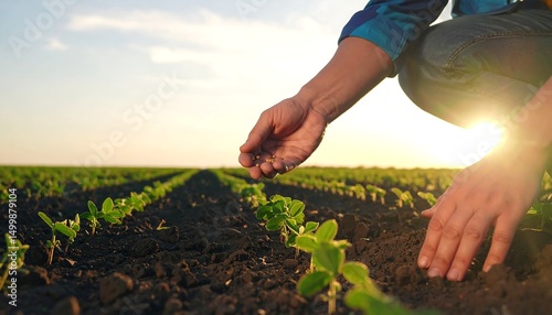 Farmer planting soybean seeds at sunset.