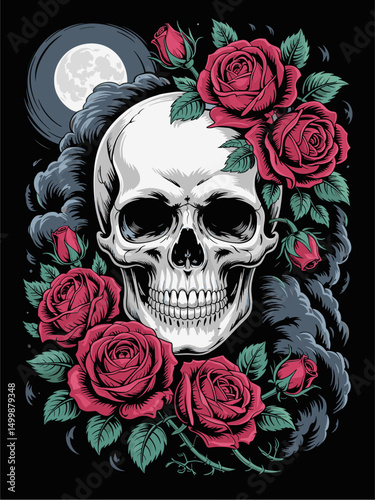 Gothic vector illustration of a human skull surrounded by red roses and smoke under a full moon. Dark romantic aesthetic, perfect for tattoo, T-shirt, or Halloween design