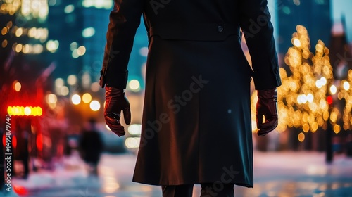 A person in a dark coat and gloves walks through a brightly lit city street at night, with blurred lights and winter decorations in the background.