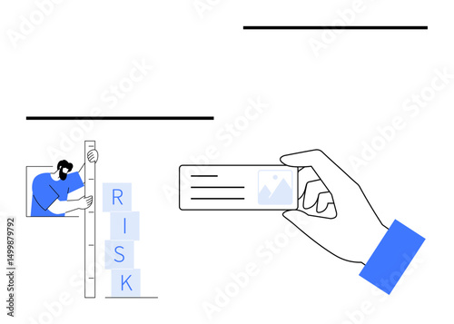 Hand holding ID card, person measuring blocks labeled Risk. Ideal for security, validation, measurement, evaluation, business, identity verification, simple landing page