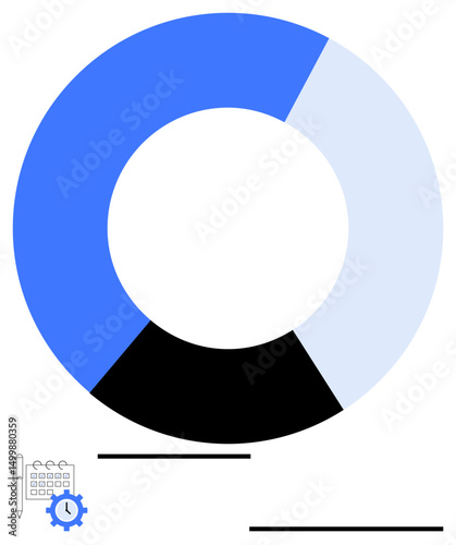 Circular chart in blue, black, and light blue, accompanied by a pen, calendar, clock, and gear icon. Ideal for business, productivity time management planning workflow data visualization simple