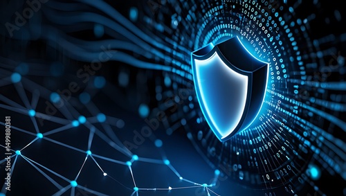 Cyber security shield for data protection and network security with digital binary code background