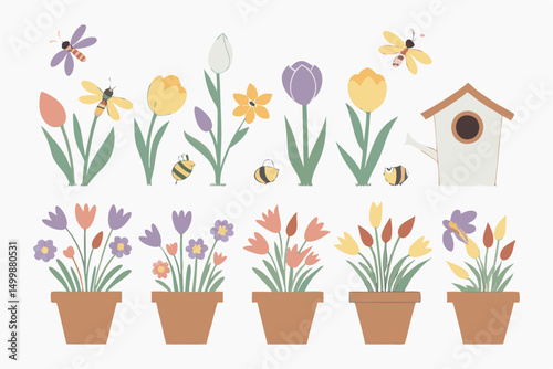 Spring flowers in pots with tulips and gardening tools in a colorful garden setting