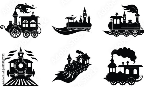 Magical Fantasy Train Silhouette Set – Enchanted Steam Locomotive Vector Illustration for Fairy Tale, Adventure, and Mystical Journey Designs