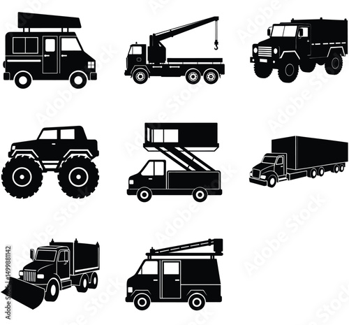 Specialty Service & Custom Trucks Silhouette Vector Bundle – Garbage Trucks, Ice Cream Vans, Street Sweepers, Armored Vehicles & Mobile Medical Units