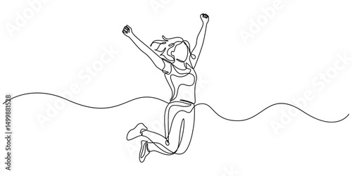 Happy jumping celebrating  illustration in continuous one line drawing. Happy person jumping high giving high five in one line draw. Editable vector, continuous line drawing of four jumping happy team