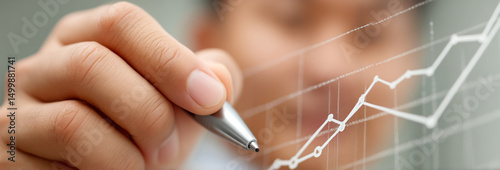 Businessman hand holding pen drawing rising line graph on transparent digital screen, financial growth, success, and data analysis concept, focus on hand and graph, modern office background