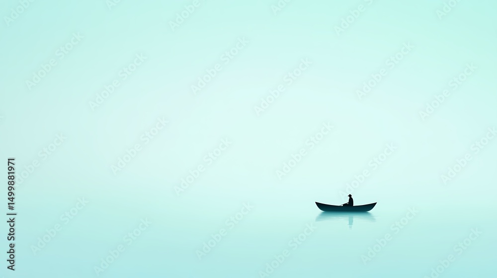 Minimalist image of a lone person in a small boat on a serene, calm lake. Conveys peace, solitude, journey, and contemplation. Minimalist image of a lone person in a small boat on a serene, calm lake. Conveys peace, solitude, journey, and contemplation.