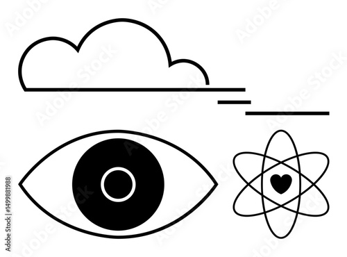 Eye with bold iris, cloud with linear trail, atomic structure encasing heart. Ideal for vision, creativity, innovation, mindfulness, love, science connection simple landing page
