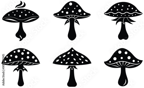 Fly Agaric Mushroom Silhouette Set– Vector EPS Illustration of Toadstool Fungus with Classic Cap Shape for Botanical, Nature, and Forest Design Projects