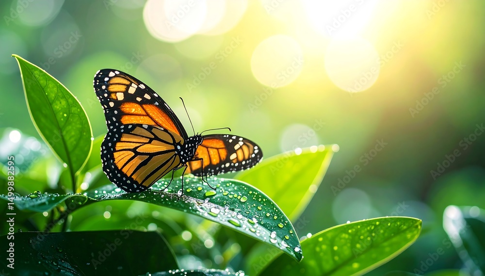 Monarch butterfly on wet green leaves. Monarch butterfly on wet green leaves.