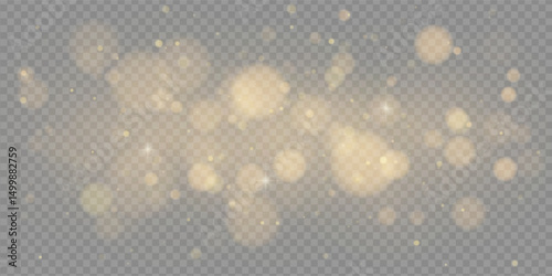 Golden light bokeh effect with glitter dust, sparkles and festive confetti. Abstract glowing texture on dark background. Includes flare, starburst, snow, spray and firework. Vector PNG for holidays.