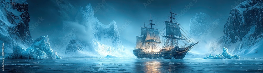 Obraz premium Majestic Icebound Vessel Navigating Frozen Seascape