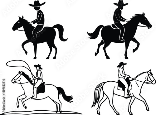 Set of cowboys riding horses. silhouette design