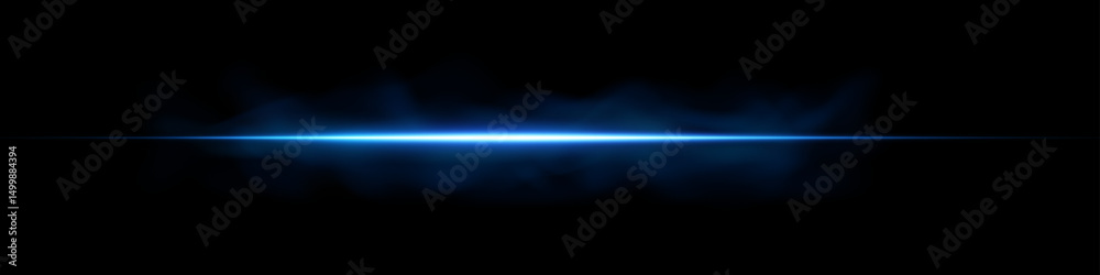 Blue light laser beam with neon glow and flare. Futuristic horizontal streak and fog on dark background. Abstract electric sparkle speed energy digital effect. Modern tech vector design.