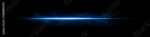 Blue light laser beam with neon glow and flare. Futuristic horizontal streak and fog on dark background. Abstract electric sparkle speed energy digital effect. Modern tech vector design.