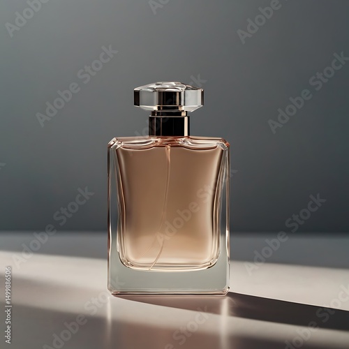 Elegant perfume bottle with geometric cap capturing light and shadow