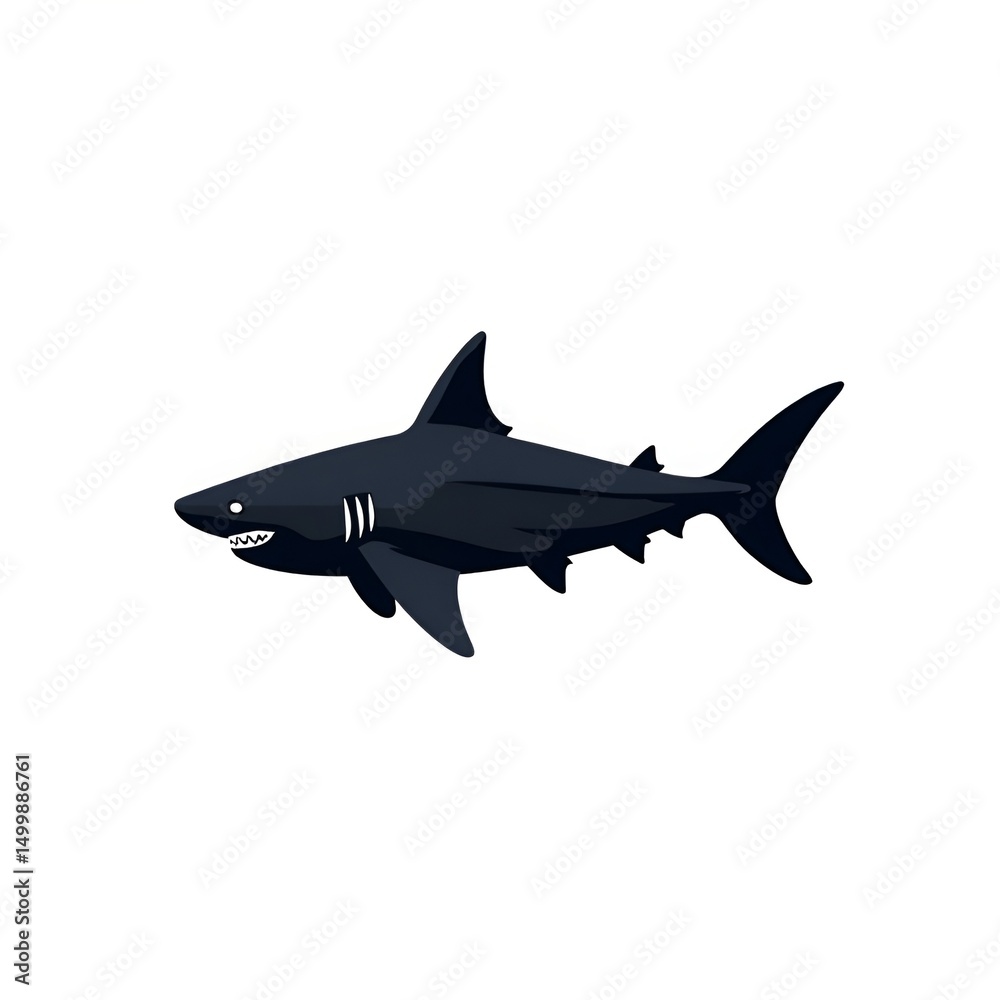 Naklejka premium Cartoon Black Shark Silhouette with Toothy Grin and Bold Design on White Background