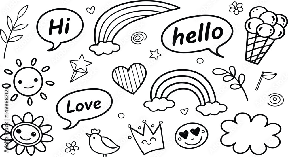 Fototapeta premium cute hand drawn doodle vector set,a seamless vector doodle illustration in black and white. love, Natural , firework, cloud, weather, rainbow, snow, heart and creative design vector collection.