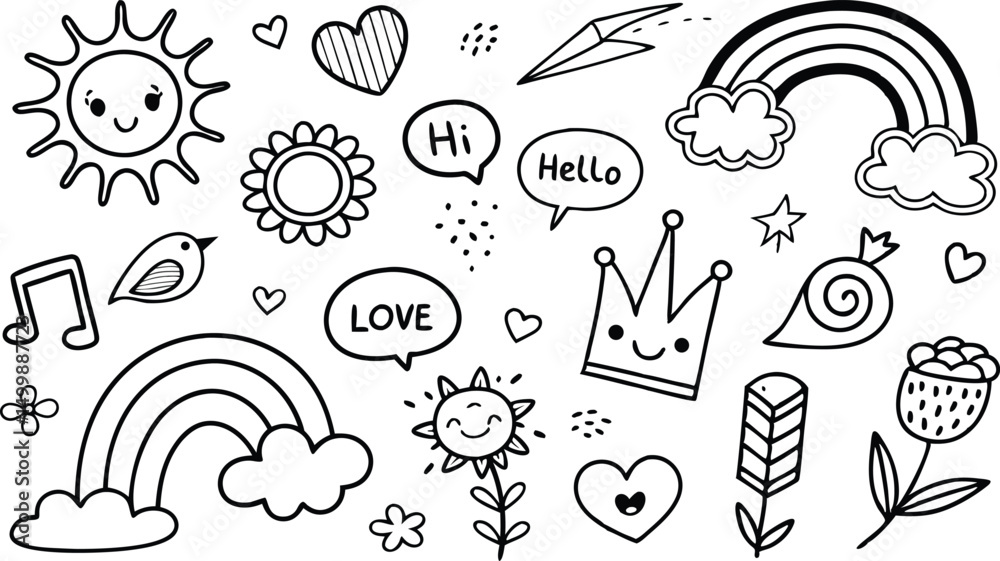 Fototapeta premium cute hand drawn doodle vector set,a seamless vector doodle illustration in black and white. love, Natural , firework, cloud, weather, rainbow, snow, heart and creative design vector collection.