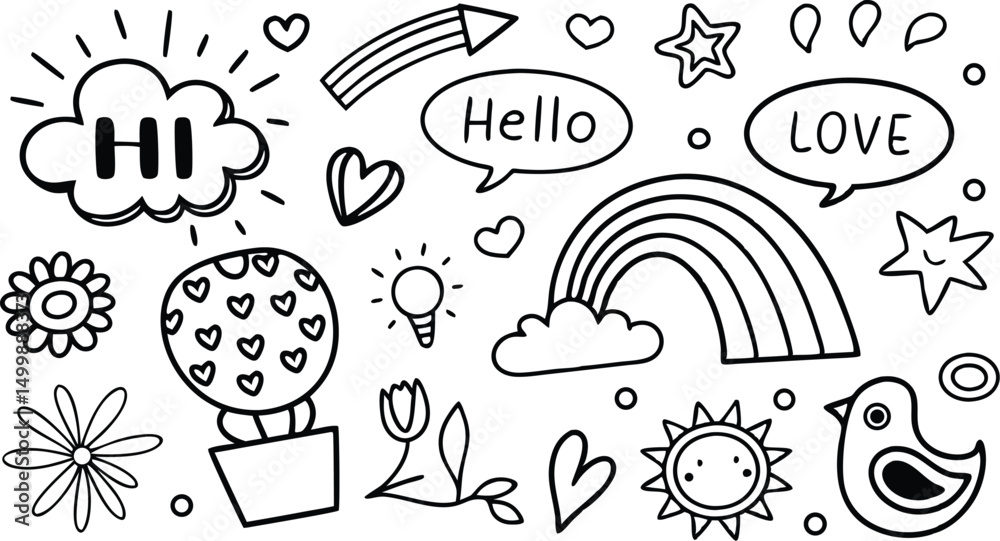 Obraz premium cute hand drawn doodle vector set,a seamless vector doodle illustration in black and white. love, Natural , firework, cloud, weather, rainbow, snow, heart and creative design vector collection.