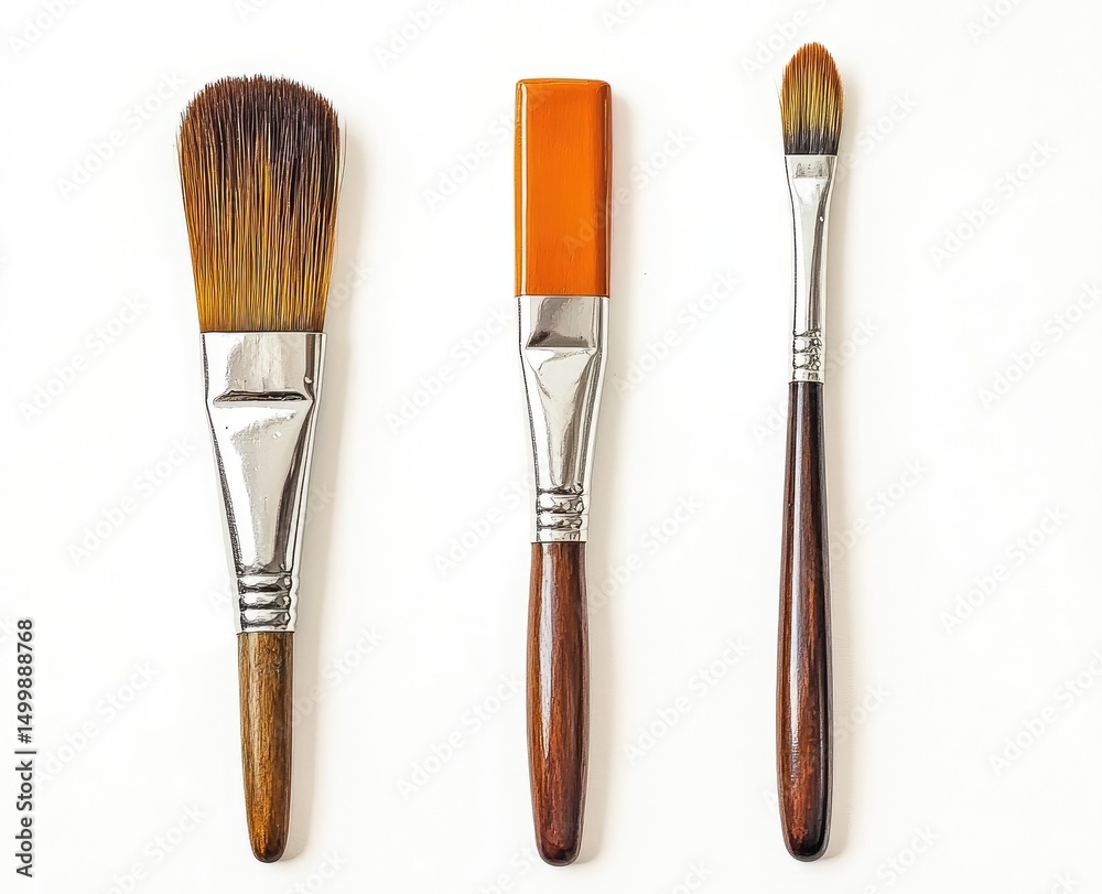Naklejka premium Three paintbrushes, flat lay