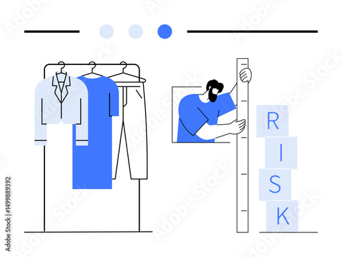 Tailor measuring risk stack with ruler near clothing rack featuring shirts and pants. Ideal for business strategy, risk management, fashion industry, innovation, success measurement, creative