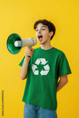 A person with a megaphone with a recycling symbol on shirt. Environment conservation concept.