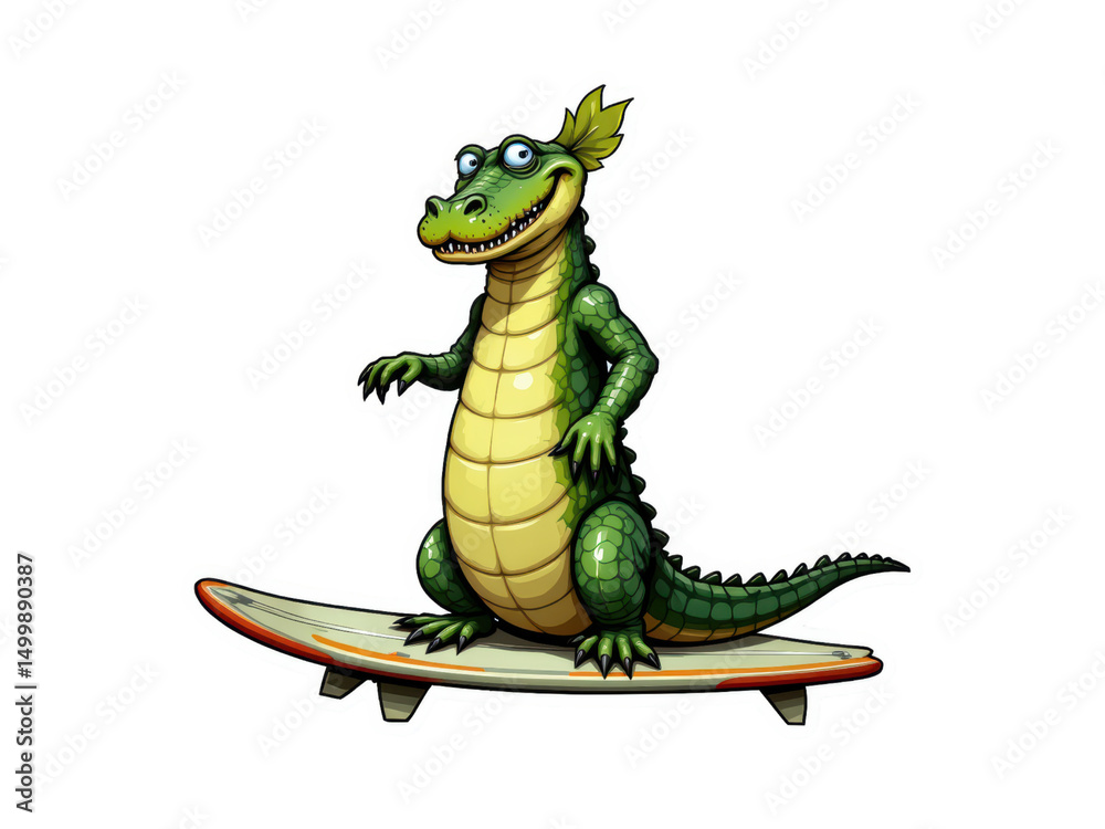 Fototapeta premium Cute cartoon crocodile surfing ocean waves, a fun illustration for kids and summer beach lovers