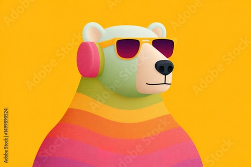 Vibrant bear in sunglasses and headphones on a yellow background