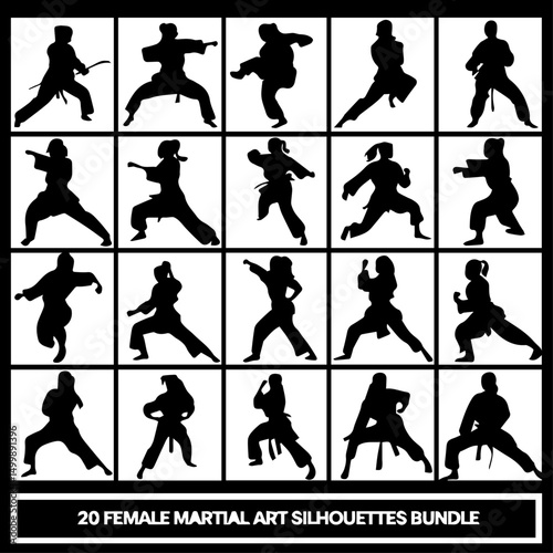 Collection of 20 dynamic female martial arts silhouettes in various fighting stances and poses, arranged in a grid format, isolated on white with bold black contrast.