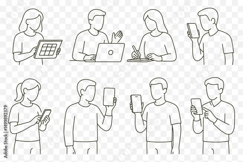  Minimalist Line Art Set of People Using Smartphones, Tablets, and Laptops – Digital Life and Mobile Interaction