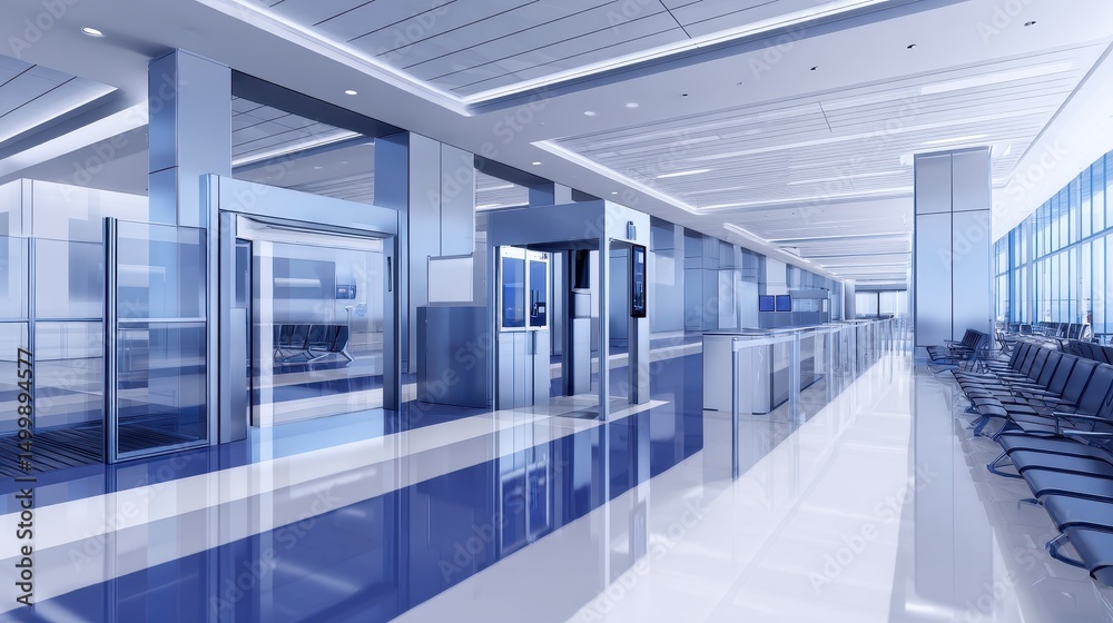 Fototapeta Modern airport terminal interior showcasing sleek design, waiting area, and check-in counters