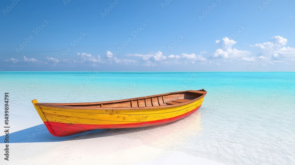 Naklejka premium Serene Tropical Beach with Colorful Rowboat