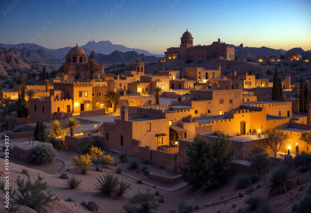 Fototapeta premium Scenic Cityscape of Desert Village Illuminated at Sunset.