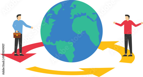 Men in business suits and arrows around the globe, stock illustration

