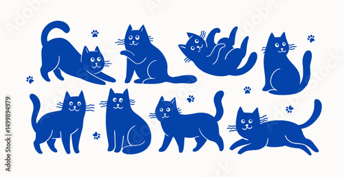 Set of blue cartoon cats in various poses with paw prints. Hand drawn vector illustration. Pet animal and playful cat concept for design and print
