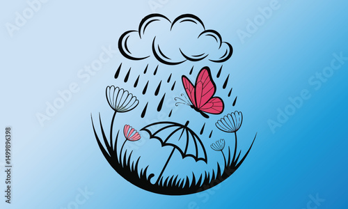 Vector cartoon illustration of a summer scenery after rain and an umbrella on a green meadow