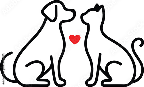 Cute dog and cat looking at each other, pet online continuous hand drawn vector objects. Cute pets one line art. Vector illustration