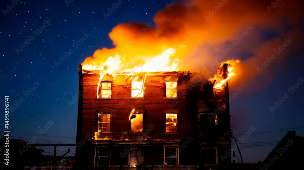 Derelict multi-story brick building fiercely burning, roof collapsing under a dark blue starry night sky, medium shot with intense orange flames and smoke