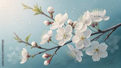 Elegant white flowers on a branch against a soft blue background