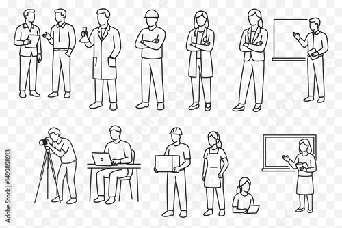  Minimalist Line Art Set of Diverse Professions – Doctor, Teacher, Engineer, Photographer, Office Worker, and More