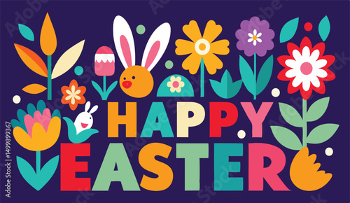 Happy Easter Colorful Floral Design with Bunny Illustration
