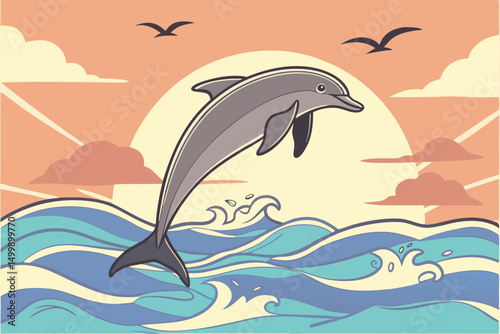 A dolphin leaping out of the ocean under a vibrant sunset