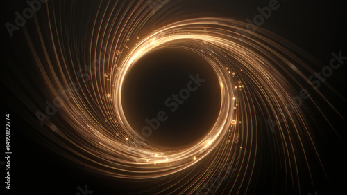 A geometric and luxury golden circle with glowing particles and lines on black background. 3d illustration with free copy space for text or logo